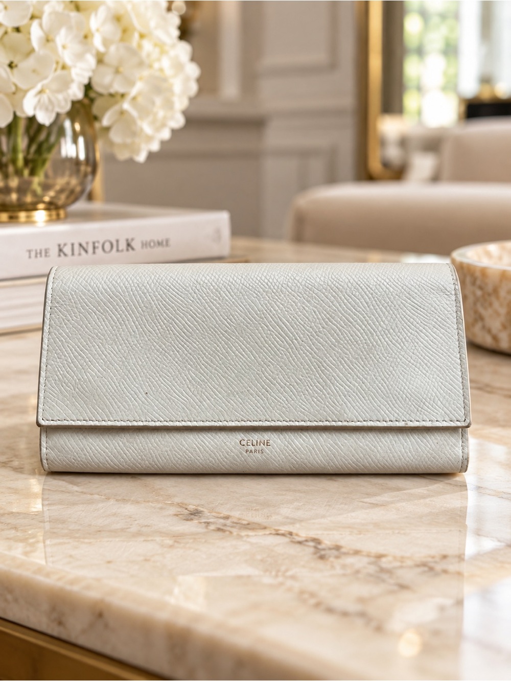 CELINE Large Flap Wallet Powder White Ivory Grained Calfskin Leather